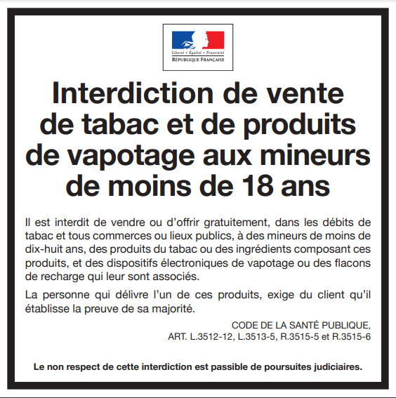 affiche interdiction de vente de produits de vapotage aux mineurs